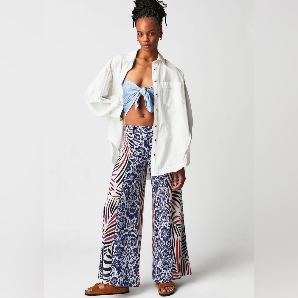 Free People Navy Blue Multicolor Printed Wide-Leg Pants